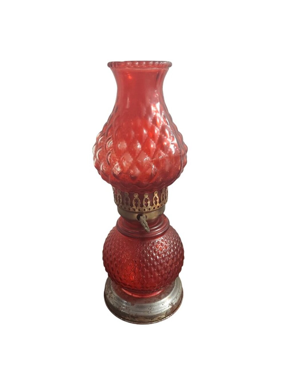 Quilted Diamond Hurricane Table Lamp Ruby Red Glass Vintage MCM Electric Base